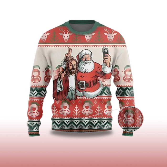 2025 Santa And Jesus Selfie Ugly Christmas Sweater - Image 2