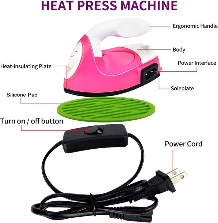 Mini Heat Press Iron Machine - Portable Electric Iron for Clothes, Shoes, Bags, Hats - Heating Transfer Press With Silicone Pad (Rose Red) - Image 2