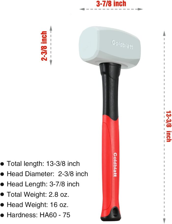Goldblatt Rubber Mallet 16 oz. Low Recoil Rubber Hammer with Solid Head & Soft-grip Handle, Double-Faced Soft Mallets, Soft Blow Tasks, No Damage for Camping, Woodworking and Flooring | White - Image 6