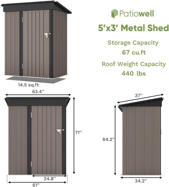 Patiowell 5x3 FT Outdoor Storage Shed, Tool Shed with Sloping Roof and Lockable Door, Metal Shed for Backyard Garden Patio Lawn, Brown - Image 6