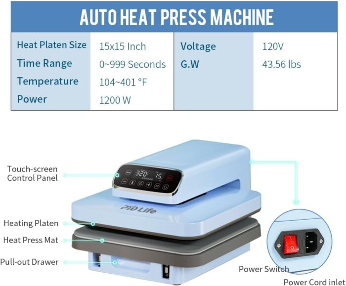 PYD Life 120 V Auto Heat Press Machine for T Shirts 15" x 15" Touch Screen Light Blue Smart Heat Press for Sublimation Blanks Ornaments Frames Bags Sublimation DTF Vinyl Printing - Image 8