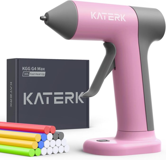 Katerk Cordless Hot Glue Gun Kit, 30s Fast Heating, Mini Glue Gun with 20 Glue Sticks, Compact & Portable with 2500mAh Built-in Battery, Auto Shut-Off, Ideal for DIY, School Crafts & Repairs (Pink)