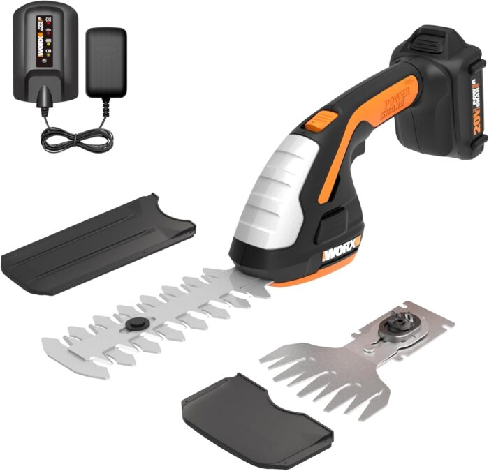 WORX WG801 20V 2 in 1 Cordless Hedge Trimmer, 4″ Grass Shear & 8″ Shrub Trimmer with 2 Blades, Battery & Charger Included