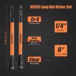 16Pcs Long Magnetic Nut Driver Set for Impact Drill | 6 Inch Long Nut Driver Set | SAE and Metric | 1/4 Inch Hex Shank | Cr-V Steel (16PCS Magnetic Nut Driver (Long)) - Image 4