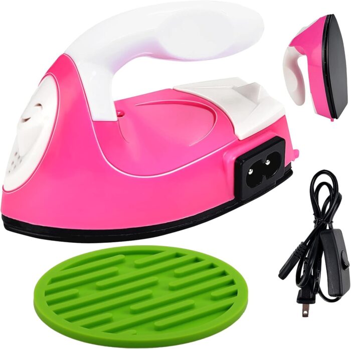 Mini Heat Press Iron Machine – Portable Electric Iron for Clothes, Shoes, Bags, Hats – Heating Transfer Press With Silicone Pad (Rose Red)