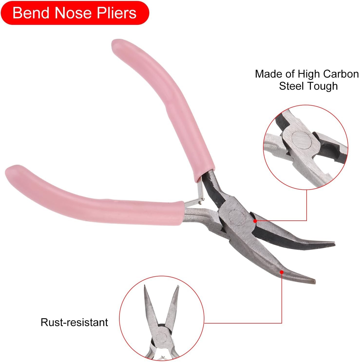 HARFINGTON Bend Nose Pliers 5″ Mini Jewelry Pliers Bent Chain-Nose Pliers with PVC Handle for Jewelry Making Hand Tools Beading Hobby Work Craft, Pink