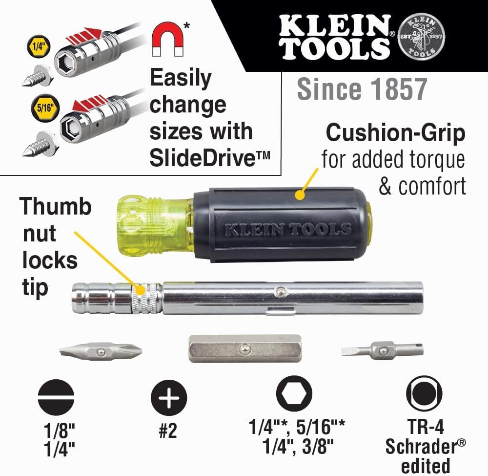 Klein Tools 32596 Multi-Bit Screwdriver /Nut Driver, Magnetic 8-in-1 HVAC Slide Drive Tool with Hex, Phillips, Schrader Bits, Nut Drivers