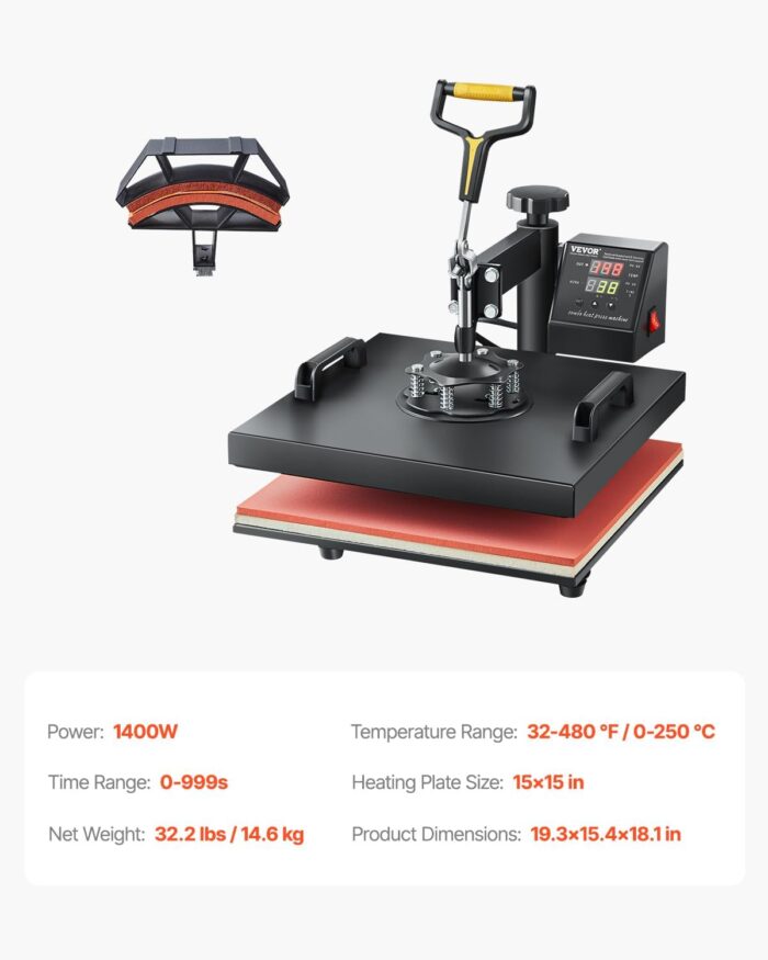 VEVOR 2 in 1 Heat Press Machine for T Shirts and Hats, 15x15 Inch Professional Swing Away Digital Tshirt Press Machine for Sublimation, Vinyl, Heat Transfer Projects - Image 8