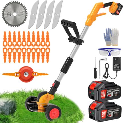 Electric Weed Wacker Cordless Eater, Battery Powered No String Grass Trimmer with 2 21V/4Ah Battery Operated&3 Types Blade&Wheels, Lightweight Weed Trimmer/Edger Lawn Tool for Garden Yard – Orange