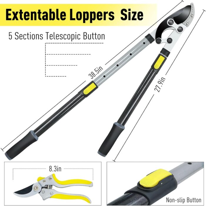 JARDINEER 3PCS Extendable Anvil Loppers for Tree Trimming Heavy Duty, 28-38.5" Branch Cutter with 2 Inch Cutting Capacity, Include Garden Tree Loppers, Pruning Shear and SK5 Spare Blade - Image 8