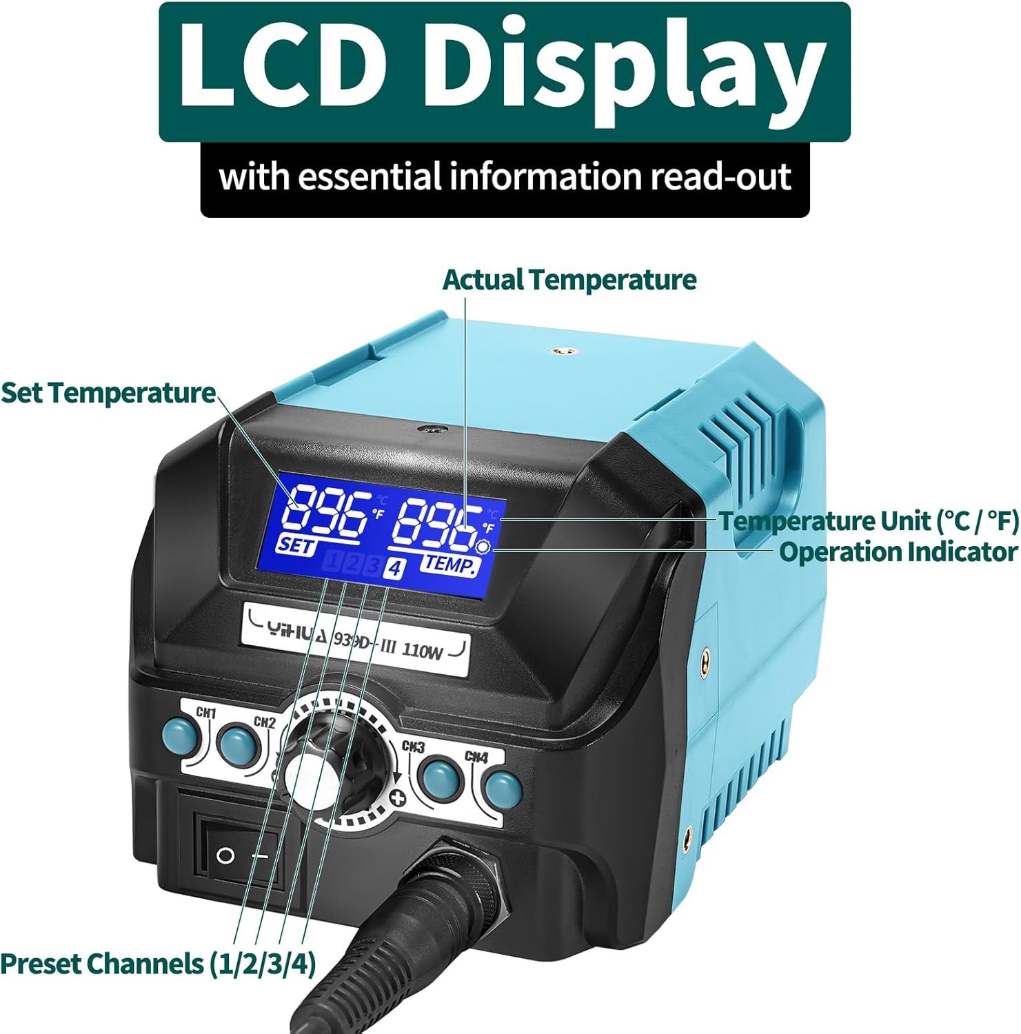 YIHUA 939D+ III EVO Digital Soldering Iron Station Kit 110W High Power with LCD display, 4 Memory Channels, Sleep Mode, Digital Calibration, Solder Wire, Helping Hands, Magnifier, 3 Soldering Tips