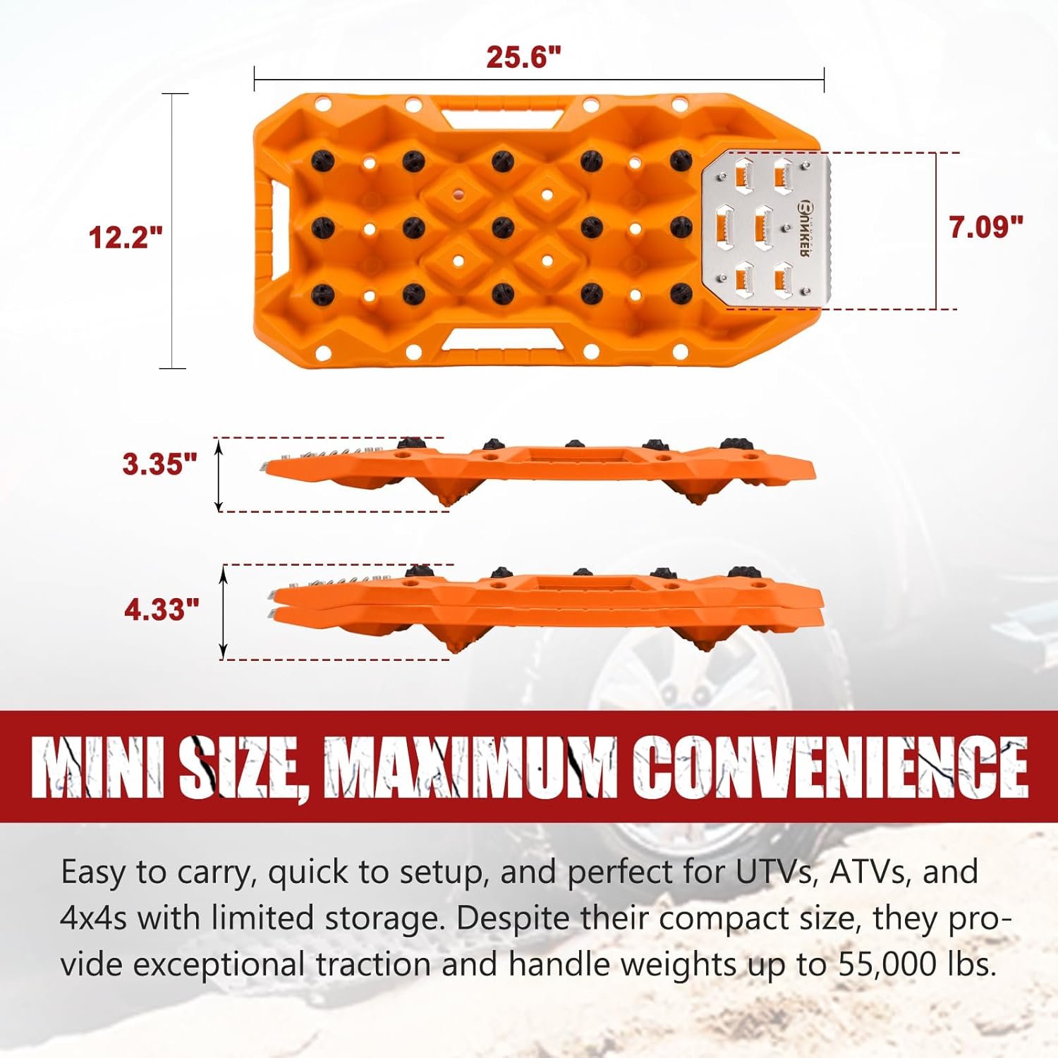 BUNKER INDUST Offroad Traction Boards with Jack Base, Pair Portable Recovery Track Tire Traction Mat – Orange Sand,Mud,Snow Tracks(Replaceable Dual Colors Teeth/Rugged Steel Plate), Gen 12th