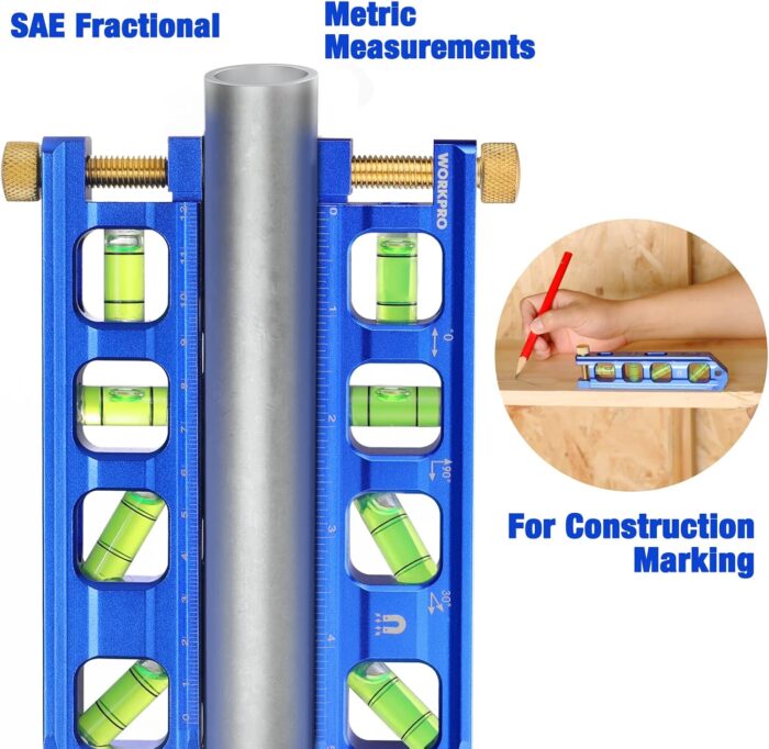 WORKPRO Magnetic Torpedo Level, Conduit Bending Level, Bubble Vials for 0°/90°/30°/45° Measurements, Aluminum Alloy Construction, 6.3-inch, Cobalt Blue - Image 4