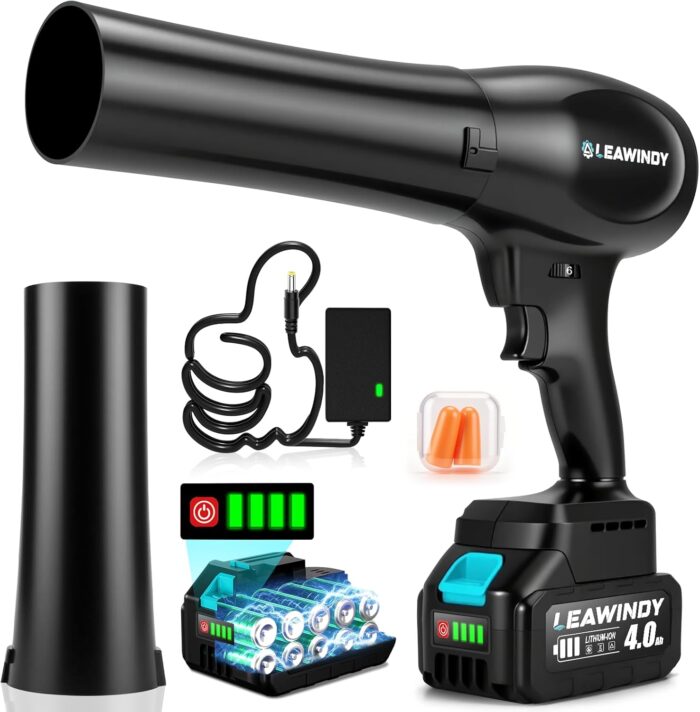 Cordless Leaf Blower with 6 Speed Mode, 800000RPM Handheld Leaf Blower, Lightweight Mini Turbo Jet Blower with 1 X 4.0Ah Batteries and Charger, Rechargeable Leaf Blowers for Lawn Care, Patio, Car