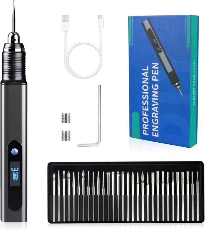 Electric Engraving Pen with 30 Bits, USB Rechargeable Cordless Etching Pen, Professional Mini Carving Machines Portable DIY Rotary Tool Engraver for Jewelry Stone Wood Glass Metal Plastic Resin Model