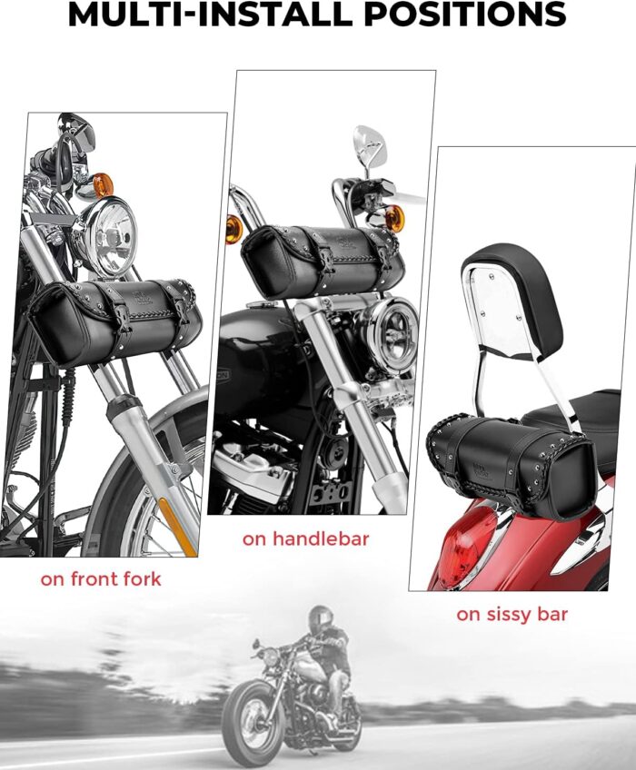 KEMIMOTO Motorcycle Tool Fork Bag PU Leather Universal Saddlebag for Front Fork Handlebar Sissybar Storage Pouch Motorcycle Roll Bag - Image 4