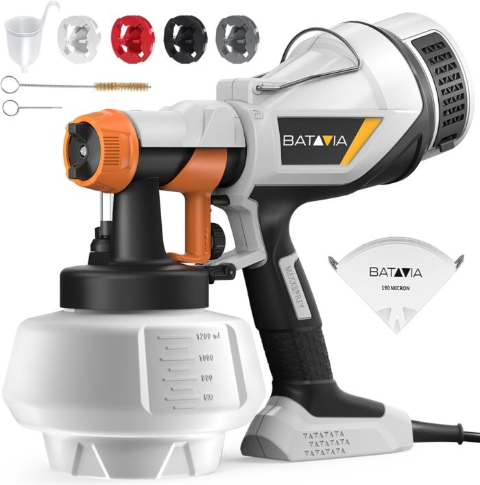 Paint Sprayer – BATAVIA HVLP Electric Spray Paint Gun, 1200ml High Capacity Container Easy to Clean, 4 Nozzles and 3 Patterns, for Furniture, Cabinets, Fence, Walls, Door, Garden Chairs etc