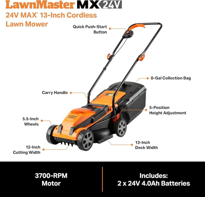 LawnMaster CLM2413A Cordless 13-Inch Lawn Mower 24V Max with 2X4.0Ah Battery and a Charger - Image 5