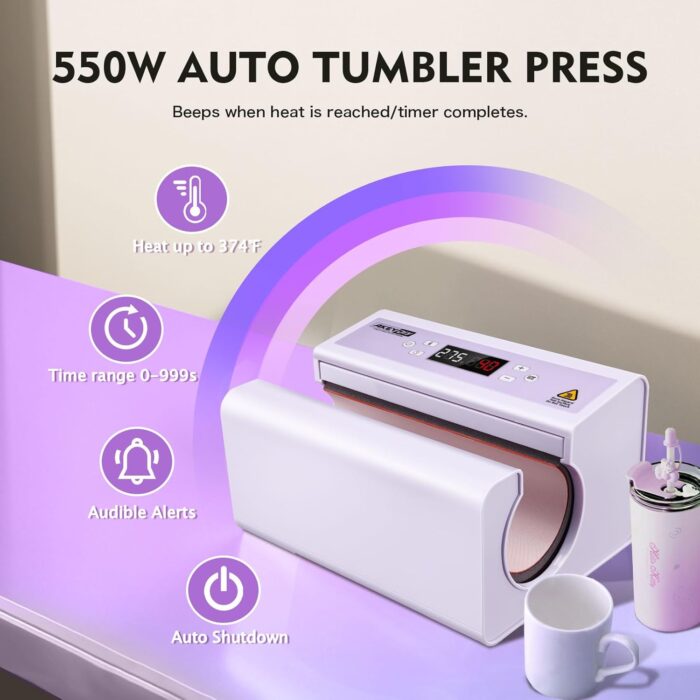 AKEYDIY Auto Tumbler Heat Press Machine 30OZ Mug Press Automatic Press & Release, Temp & Time Setting, Cup Transfer Machine for 11-30OZ Ceramic, Glass, w/Sublimation Papers, Heat Tape & Gloves - Image 4