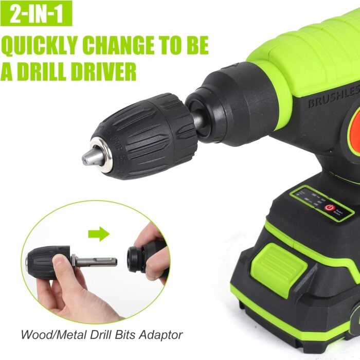 FASTPRO Cordless SDS Plus Rotary Hammer Drill Kit, 20V Brushless Multifunctional Hammer Drill Driver with 1.5Ah Battery, Including 10PCS Drill Bits & 4PCS SDS-Plus Drill Bits - Image 3