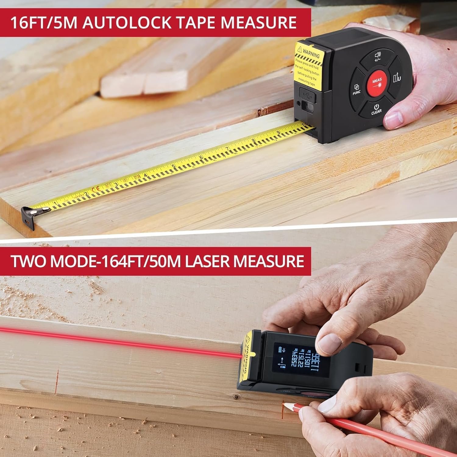BINTA 2-in-1 Laser Tape Measure 164Ft/50M Laser Measurement Tool, 16.5Ft/5M Measuring Tape with LCD Digital Display, USB Charging for Measuring Area/Volume/Pythagorean, Laser level 2 Class, Output