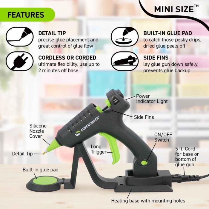 Surebonder Cordless/Corded High-Temperature Mini Hot Glue Gun with Fine Tip for Detailed Crafting and DIY Projects, 20 Watts (CL-195F) - Image 2