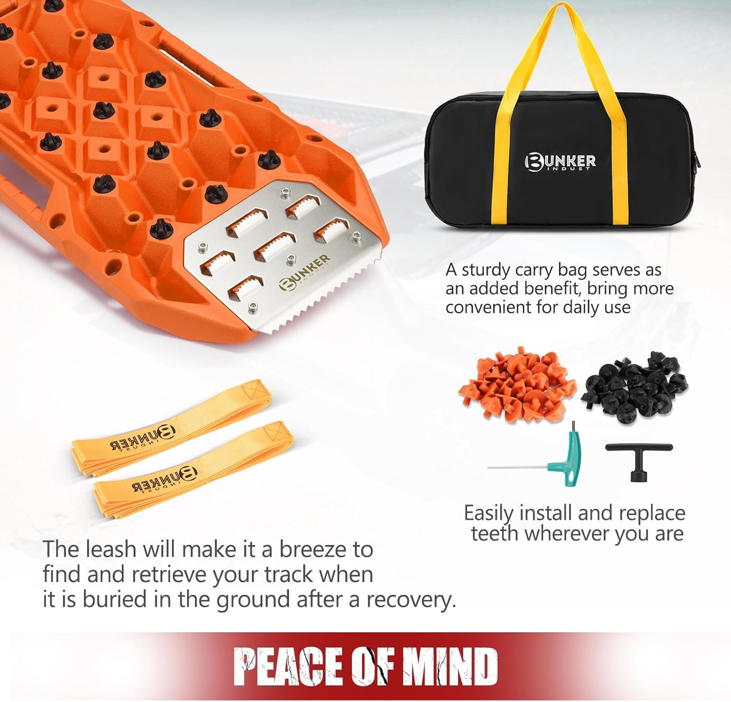 BUNKER INDUST Offroad Traction Boards with Jack Base, Pair Portable Recovery Track Tire Traction Mat – Orange Sand,Mud,Snow Tracks(Replaceable Dual Colors Teeth/Rugged Steel Plate), Gen 12th