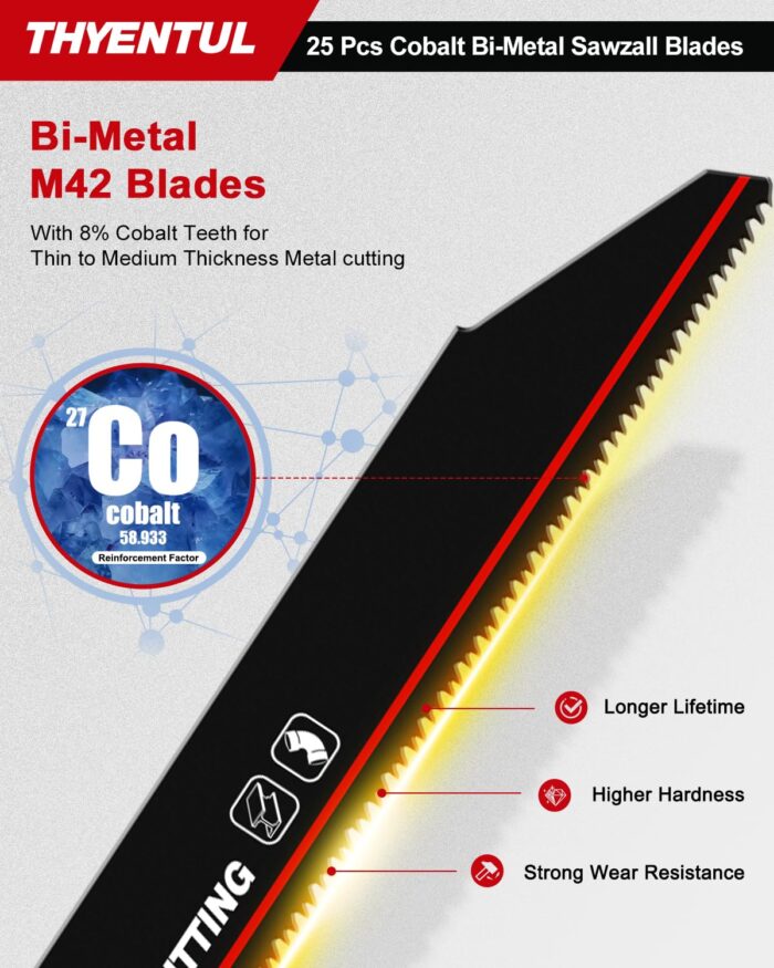 25 Pack,9 inch,14/18 TPI,Reciprocating Saw Blade Set,M42 Teeth with Cobalt Bi-Metal Blades, for Automatic Dismantling Sawzall Blades for 1/16-5/16 Medium Metals - Image 3