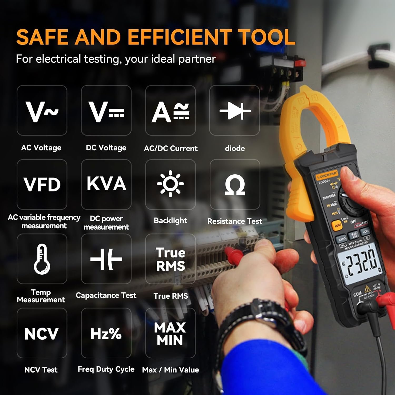 Digital Clamp Meter 6000 Counts Voltage Tester with Auto Range,AC/DC High Voltage,AC/DC Current,DC Power, ACV VFD, Resistance, Capacitance, Diode, Live Wire Test, NCV, True RMS,AC Current Meter LD206+