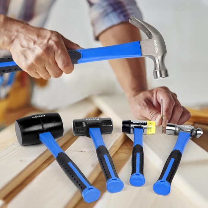 5-Pack Hammer Set,Rubber Mallet 32oz, Double-Faced Mallet 22oz,16oz Claw Hammer,16oz Ball Peen Hammer,3lb Sledge Hammer,Ergonomic Handle - Image 6