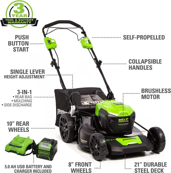 Greenworks 40V 21" Brushless Cordless Self-Propelled Electric Lawn Mower, String Trimmer, 5.0Ah Battery and Charger - Image 2
