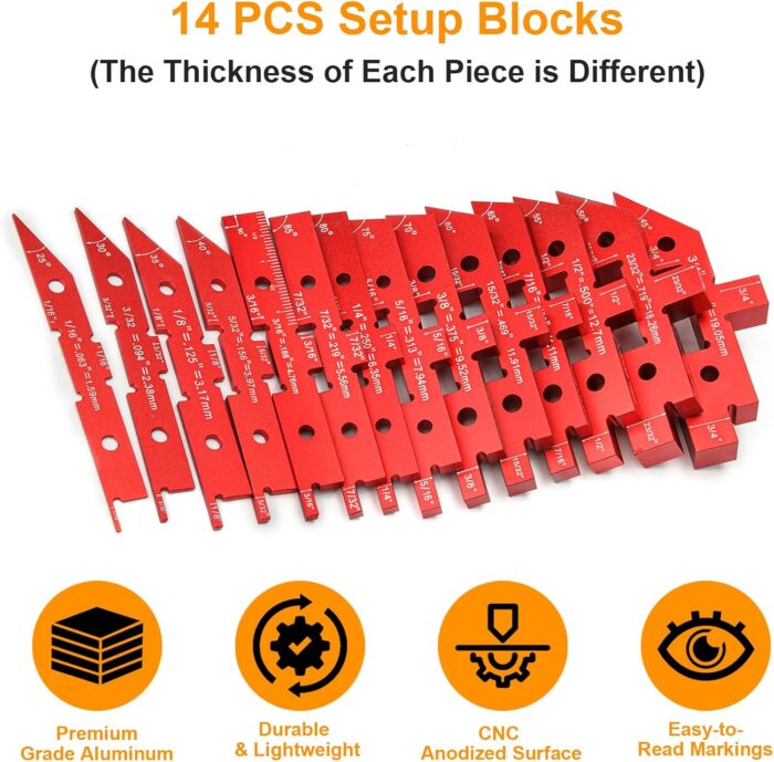 Table Setup Blocks for Woodworking, 14pcs Aluminum Alloy Precision Set up Bars, Precision Height, Depth, Angle & Fence Alignment Gauge Set - Router and Saw Accessories with Storage Case - Image 3