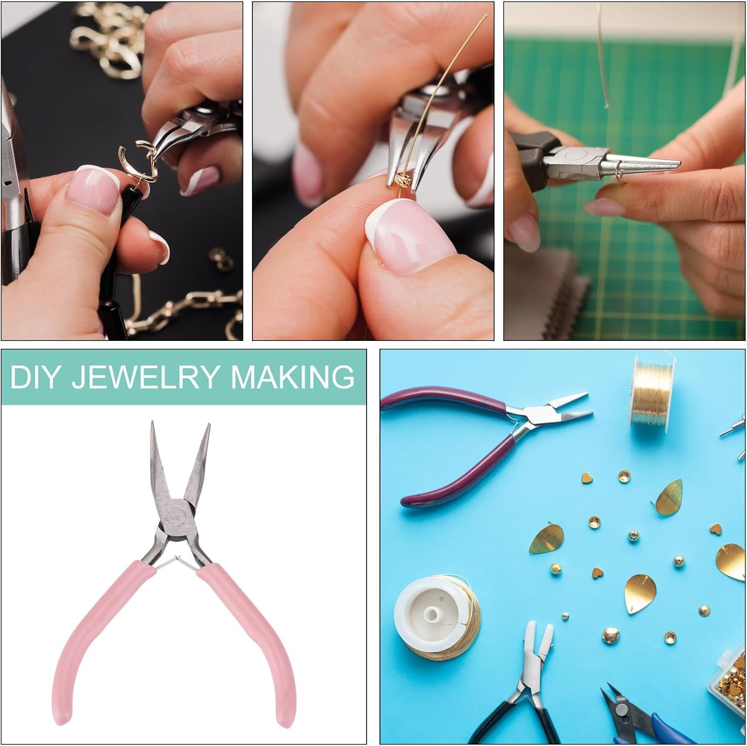 HARFINGTON Bend Nose Pliers 5″ Mini Jewelry Pliers Bent Chain-Nose Pliers with PVC Handle for Jewelry Making Hand Tools Beading Hobby Work Craft, Pink