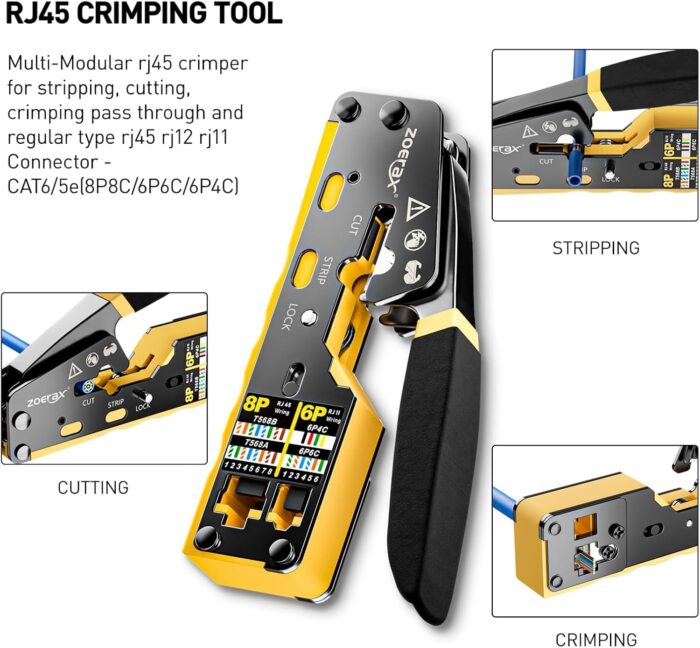 Ethernet Crimping Tool Kit RJ45 Crimp Tools,CAT5 Cat5e Cat6 RJ45 Crimping Tool Kit With Cable Tester, Multiply Stripper, Blades,50Pcs Cat 6 Pass Through Connectors and Strain Relief Boots - Image 2