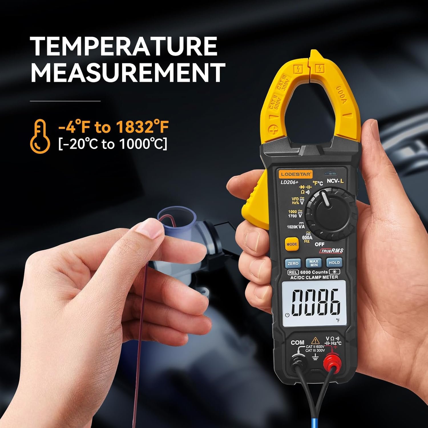 Digital Clamp Meter 6000 Counts Voltage Tester with Auto Range,AC/DC High Voltage,AC/DC Current,DC Power, ACV VFD, Resistance, Capacitance, Diode, Live Wire Test, NCV, True RMS,AC Current Meter LD206+