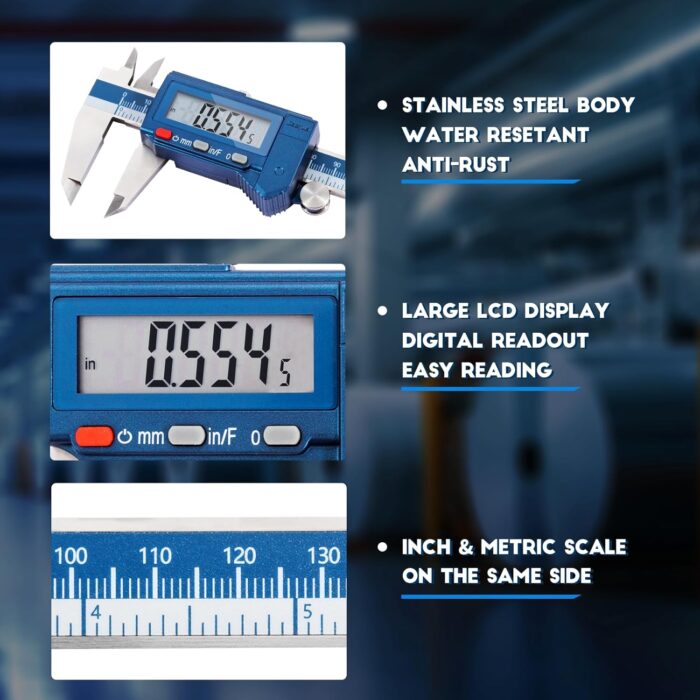 Dasqua 6” IP54 Digital Caliper, Stainless Steel Water-Resistant Precision Measuring Tool with Large LCD, Inch/Metric/Fraction Switch, ±0.001” Accuracy, Calibration Certificate & Storage Case - Image 5