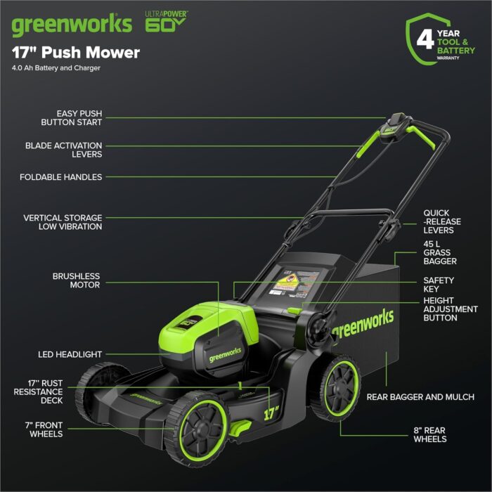 Greenworks 60V 17" Brushless (Push) Mower + 60V (610 CFM) Brushless Blower, 4.0Ah Battery and 3A Charger - Image 2