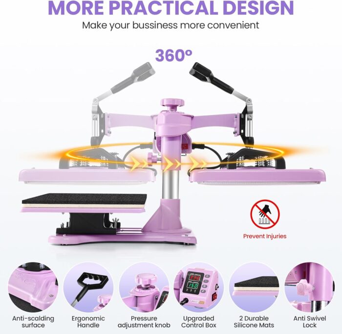 AKEYDIY 5 in 1 Heat Press Machine for t Shirts Professional Swing Away Heat Press Digital Combo 12" x 15" 360-degree Rotation Shirt Press Machine Sublimation (5 in 1 Heat Press Pink) - Image 3