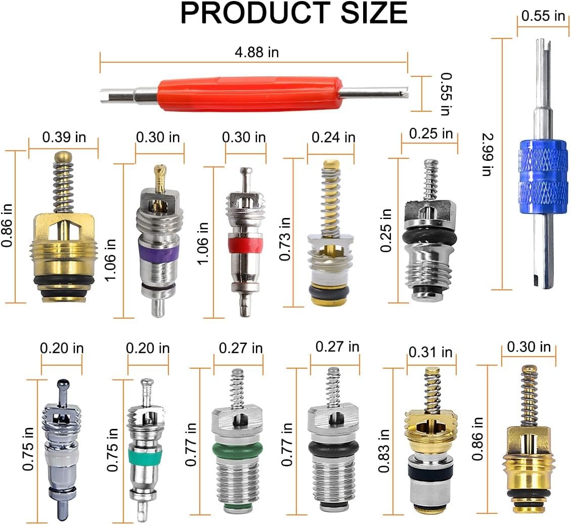 HZEL 102PCS Car Air Conditioning Valve Core Accessories Kit, R12 R134a Vehicle A/C Refrigeration Tire Valve Stem with Remover Installer, Automotive Valve Spool Repair Tool Assortment Set