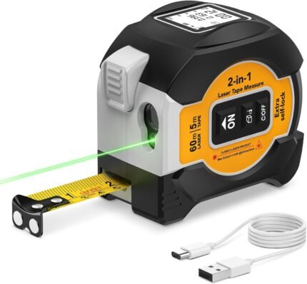 2-in-1 Laser Tape Measure, 197Ft Rechargeable Measuring Tape & 16Ft Manual Tape Measure with Movable Magnetic Hook, Support to Pythagorean, Area, Volume, Ft/in/M Unit Laser Measuring Tool