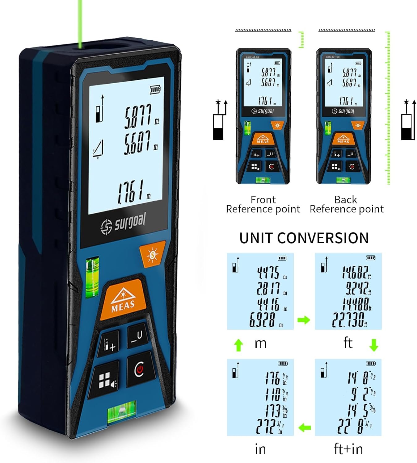 Green Laser Distance Meter 393.7ft Digital Measuring Tool with Angle Sensor Backlit LCD Area/Volume/Pythagorean ±2mm Class II Handheld Laser Measurer for Construction & DIY AAA Battery Powered