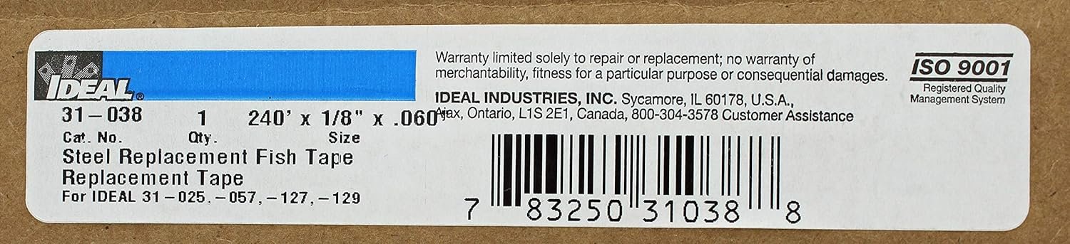 IDEAL Electrical 31-038 Blue Steel Fish Tape Replacement 240 ft. Blued Steel Fish Tape w/ Non-Oily Finish, Laser Etched Increments, 1600 lb. Strength