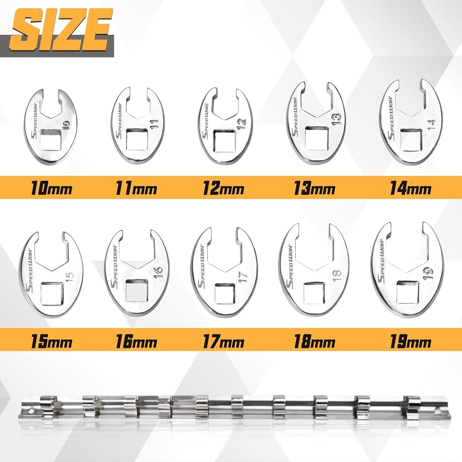 SPEEDWOX 10-Piece 3/8-Inch Drive Crowfoot Wrench Set Flare Nut Wrench Set Metric 10-19mm Open End Wrenches Sets 6 Point Flare Nut Crowfoot Wrenches Design With Storage Rail for Nut Removal