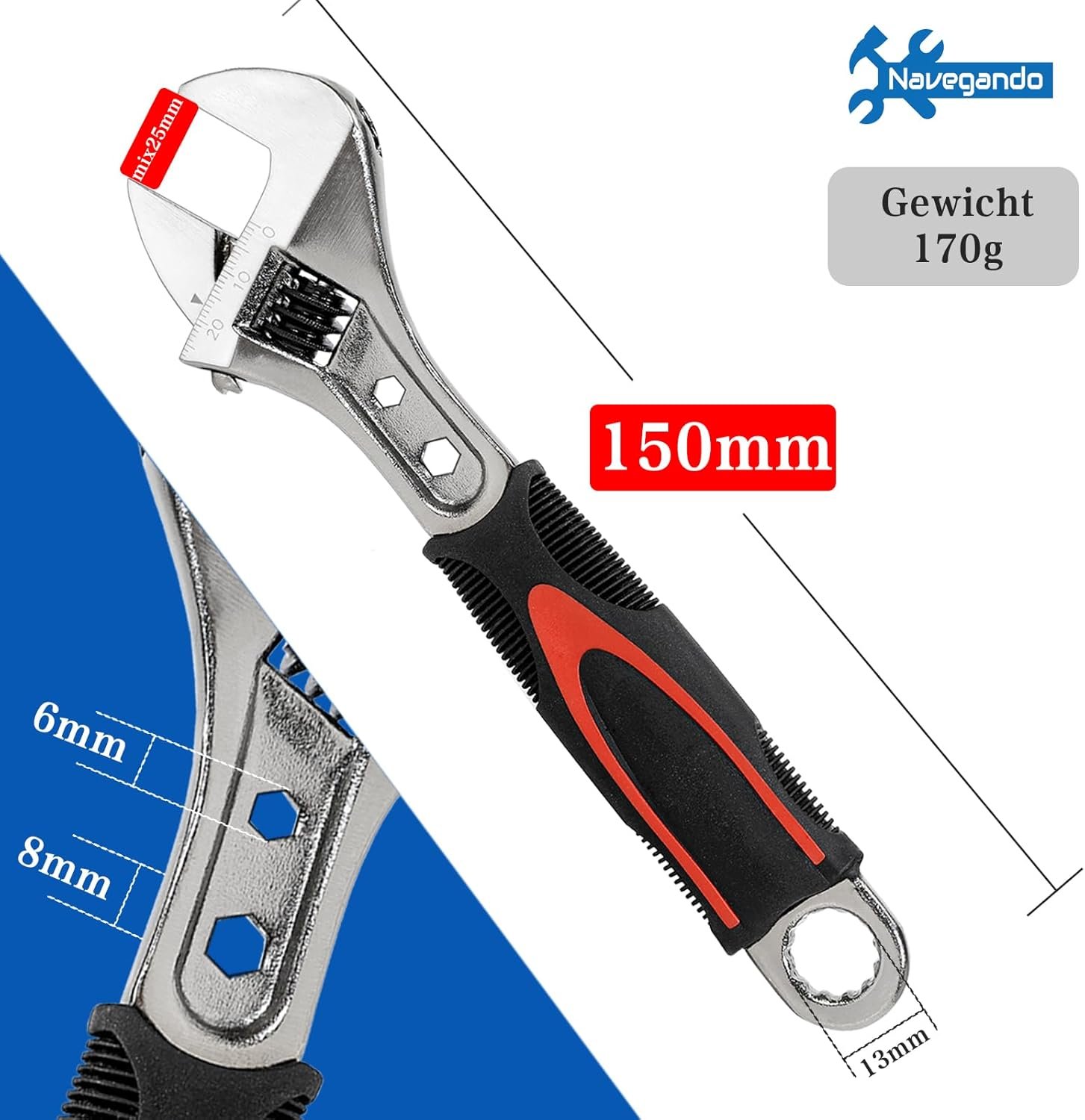 Navegando 6-Inch Adjustable Wrench, Compact Spanner for Tight Spaces, High Carbon Steel with Non-Slip Grip, Fits 6-22mm Nuts/Bolts, Perfect for Plumbing & Automotive Repair