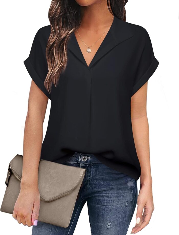 Timeson Women's Short Sleeve Chiffon Blouses for Office Work Business Attire Collared Shirts - Image 43