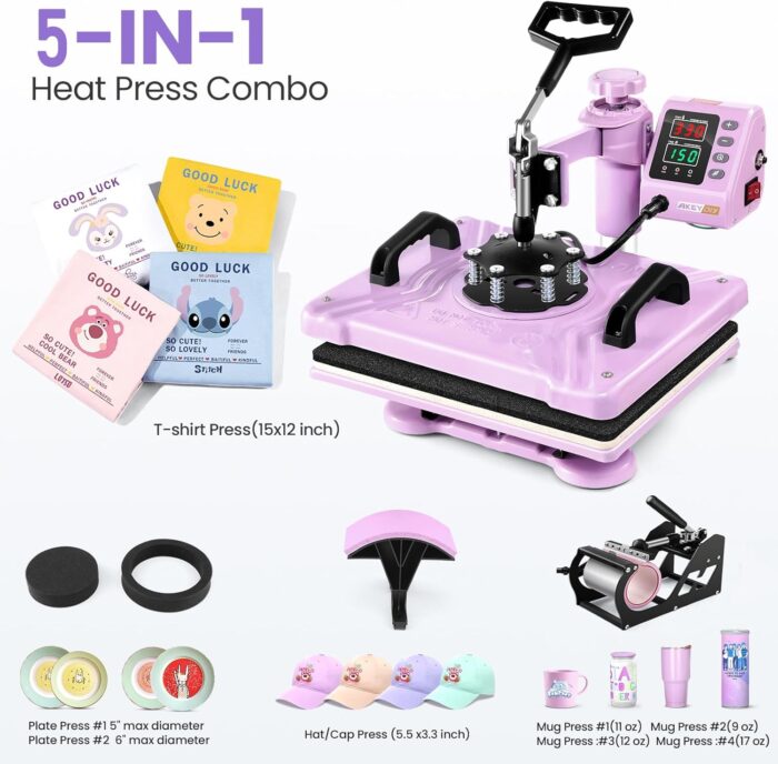 AKEYDIY 5 in 1 Heat Press Machine for t Shirts Professional Swing Away Heat Press Digital Combo 12" x 15" 360-degree Rotation Shirt Press Machine Sublimation (5 in 1 Heat Press Pink) - Image 4