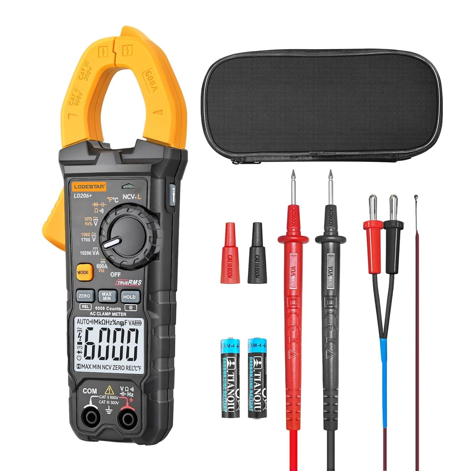 Digital Clamp Meter 6000 Counts Voltage Tester with Auto Range,AC/DC High Voltage,AC/DC Current,DC Power, ACV VFD, Resistance, Capacitance, Diode, Live Wire Test, NCV, True RMS,AC Current Meter LD206+