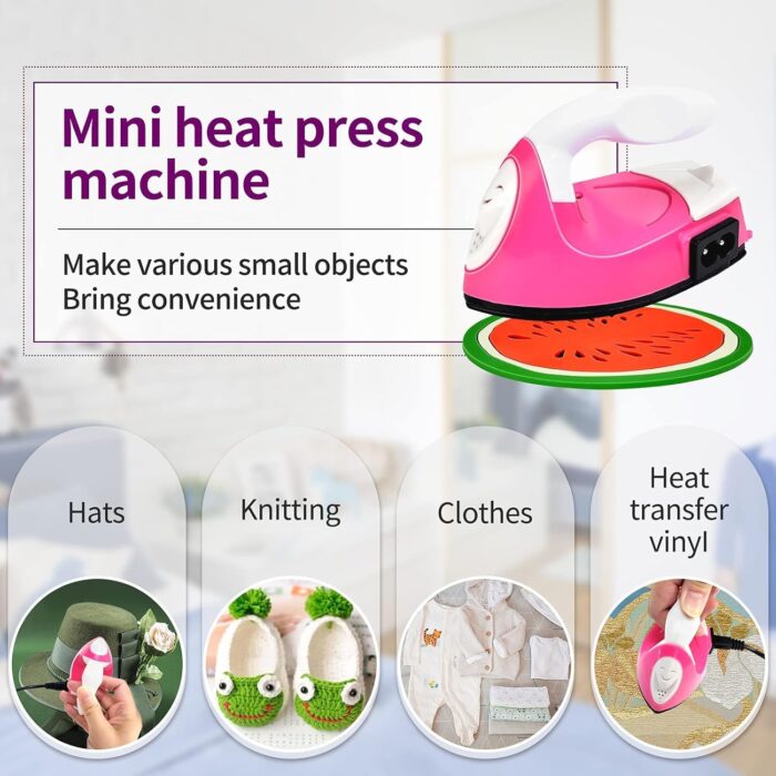Mini Heat Press Iron Machine - Portable Electric Iron for Clothes, Shoes, Bags, Hats - Heating Transfer Press With Silicone Pad (Rose Red) - Image 5