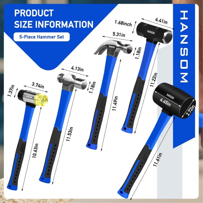 5-Pack Hammer Set,Rubber Mallet 32oz, Double-Faced Mallet 22oz,16oz Claw Hammer,16oz Ball Peen Hammer,3lb Sledge Hammer,Ergonomic Handle - Image 4
