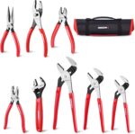ARROW 8PCS Pliers & Wrench Set, 6" Needle Nose Pliers, 6" Diagonal, 7" Linesman, 8" Slip Joint, 8" & 10" & 12" Groove Joint and CRV 8" Adjustable Wrench, Portable Rolling Bag With Handle
